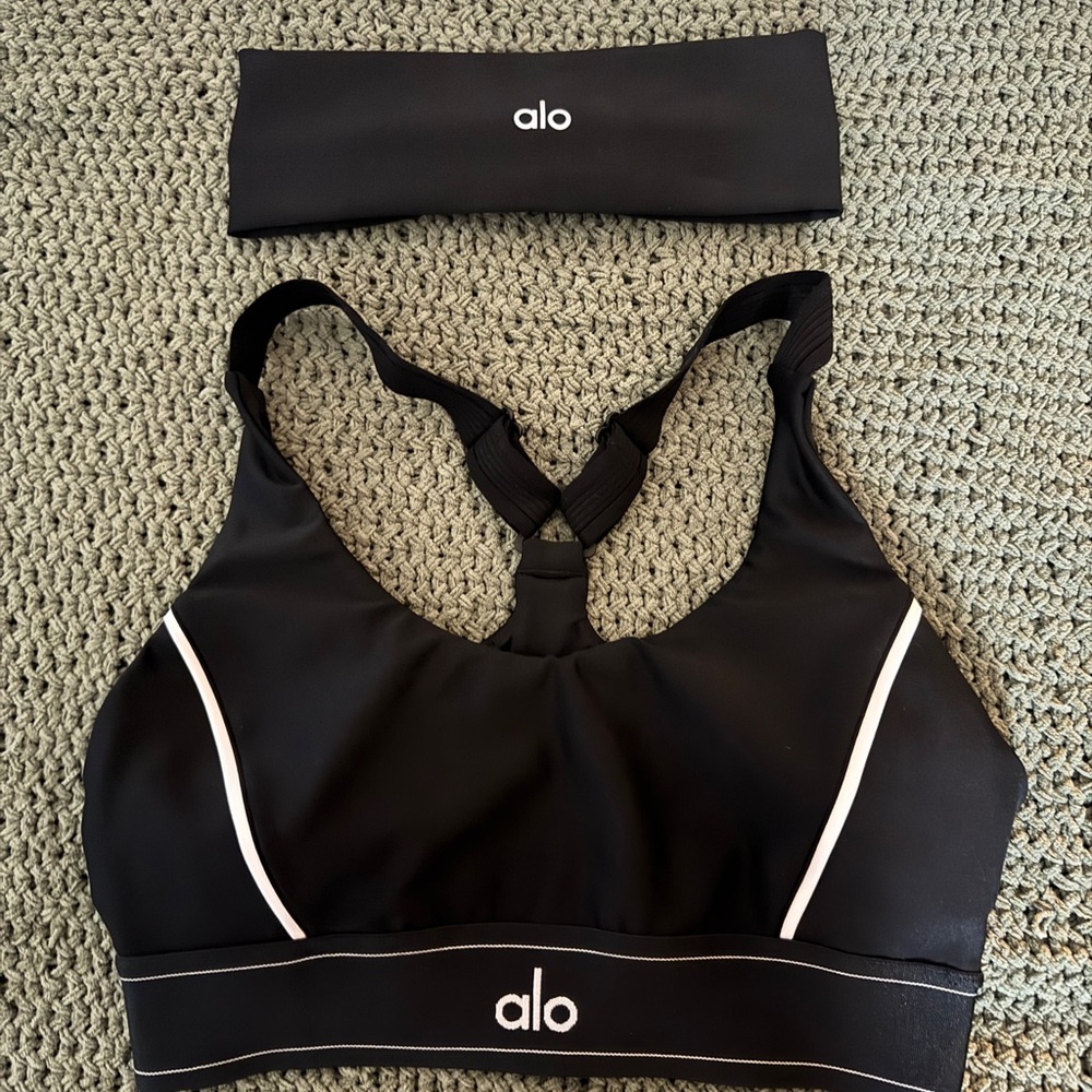 ALO Yoga Black Sports Bra with White Accents + Headband